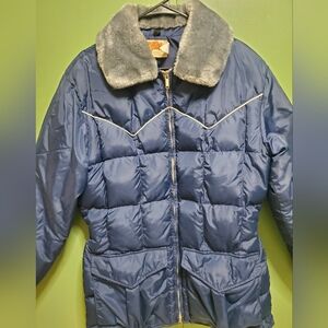 Vintage Mens Blue Puffer Jacket with Faux Fur Collar